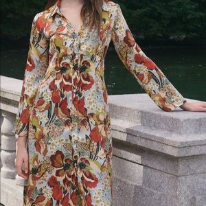 NWT ZARA FLORAL PRINTED SATIN BUTTON DOWN DRESS SZ S